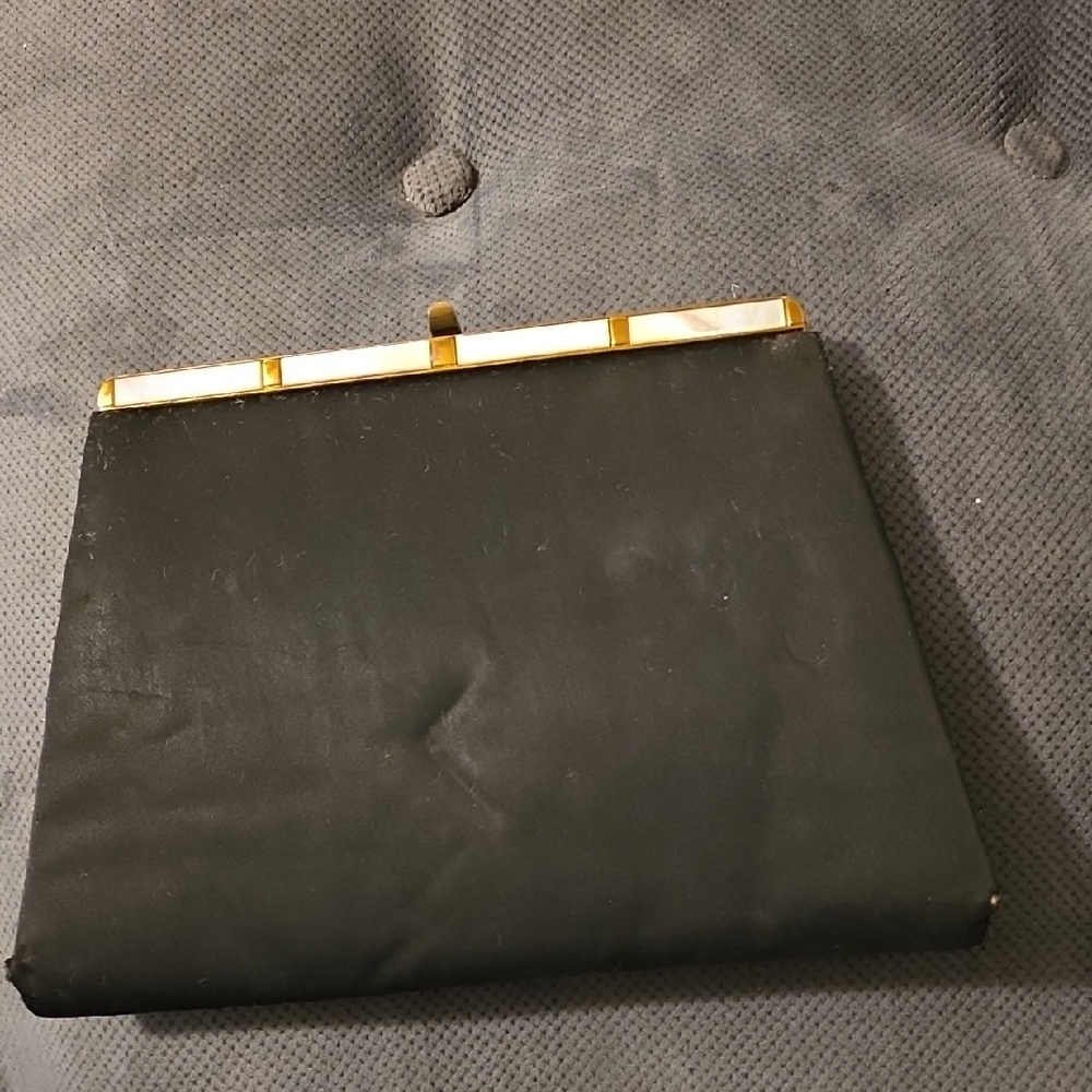 VINTAGE AFTER FIVE BLACK SATIN CLUTCH WITH GOLD FRAME